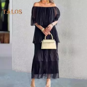 Летнее женское платье с открытыми плечами, многослойное платье с разбросанным краем и рюшами, плиссированное сплошное цветное шифоновое платье с половиной рукавов, вечерние макси-платье для выпускного вечера M чёрный