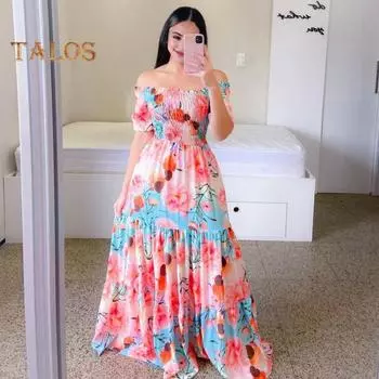 Летнее женское платье с открытыми плечами, эластичный бюст, цветочный принт, плиссированные линии, свободный подол, короткие рукава, длина до пола, лоскутное длинное вечернее платье с открытой спиной M хаки