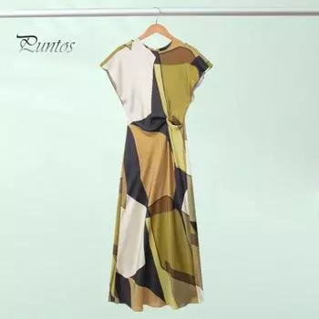 Летнее женское платье с открытыми рукавами и цветными блоками, мягкое атласное дышащее платье с круглым вырезом, свободное ПР, повседневное платье длиной до середины икры S разноцветный