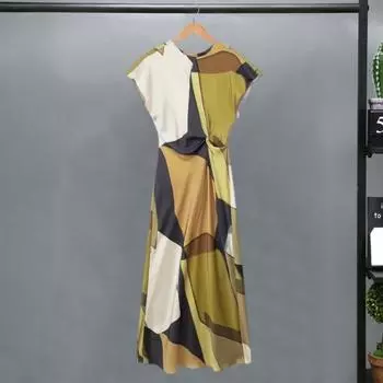 Летнее женское платье с открытыми рукавами и цветными блоками, мягкое атласное дышащее платье с круглым вырезом, свободное ПР, повседневное платье длиной до середины икры S разноцветный