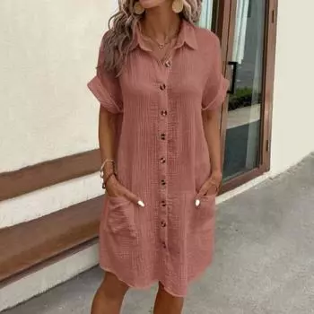 Летнее женское платье с отложным воротником, однобортный, свободный, однотонный, кардиган с короткими рукавами и пуговицами, боковой карман длиной до колен, повседневное женское платье-миди L светло-синий