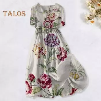 Летнее женское платье с отложным воротником и принтом, плиссированный пояс на шнуровке, средние рукава, богемный стиль, полуоднобортный трапециевидный силуэт, свободный подол, отпуск для свиданий S