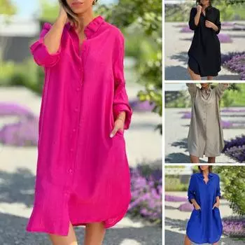 Летнее женское платье с отложным воротником, свободные длинные рукава, однотонное, до середины икры, с боковыми карманами, однобортное, повседневное XL синий