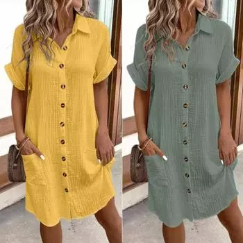 Летнее женское платье с отложным воротником, однобортное, свободное, с короткими рукавами, свободное, однотонное, с накладным карманом, длиной до колена, для отдыха, миди-платье S чёрный