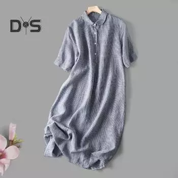 Летнее женское платье с отложным воротником, короткими рукавами и пуговицами, трапециевидной формы, струящийся подол, повседневное свободное платье миди с принтом в стиле ретро L синий