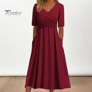 Летнее женское платье с перекрестной плиссировкой, V-образным вырезом и короткими рукавами, трапециевидной формы, большие качели, чистый цвет, стиль для поездок на работу, женское платье-миди длиной до середины икры 2XL синий