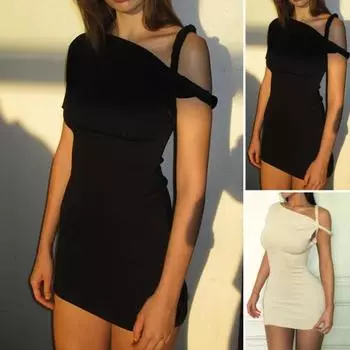 Летнее женское платье с перекрестным ремешком на плечах и наклонным вырезом, облегающее платье с короткими рукавами, облегающее однотонное мини-платье с узкой талией для вечеринок S абрикосовый