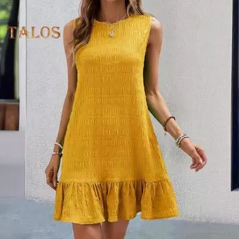 Летнее женское платье с плиссировкой и рюшами в стиле пэчворк, без рукавов, трапециевидной формы, однотонное, с круглым вырезом, свободное, для свиданий, покупок, мини-платье L хаки