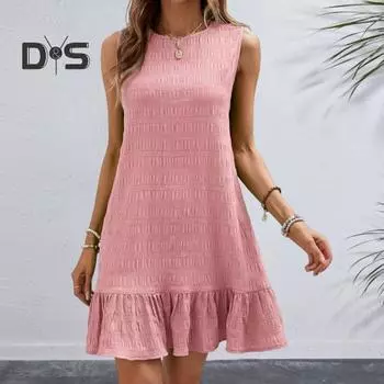 Летнее женское платье с плиссировкой и рюшами в стиле пэчворк, без рукавов, трапециевидной формы, однотонное, с круглым вырезом, свободное, для свиданий, покупок, мини-платье L хаки