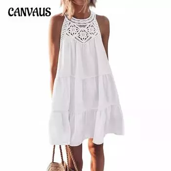 Летнее женское платье с полым кружевом и висячим вырезом, платья трапециевидной формы S белый