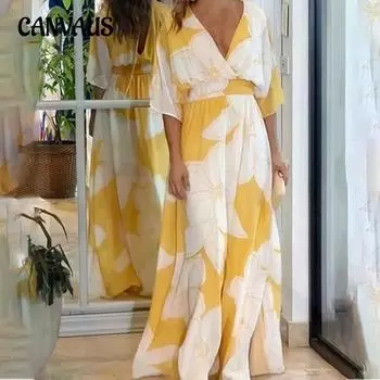Летнее женское платье с принтом, длинные пляжные платья с открытой спиной и принтом S жёлтый