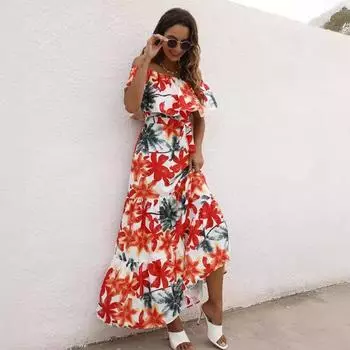 Летнее женское платье с принтом и оборками на шее S красный