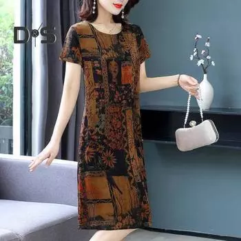 Летнее женское платье с принтом, короткими рукавами, круглым вырезом, плюс размер, свободный пуловер трапециевидной формы, длиной до колена, ретро-платье для свиданий, покупок, миди L чёрный