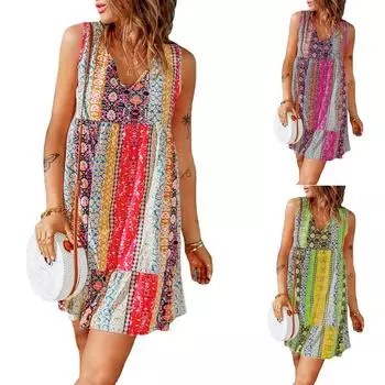 Летнее женское платье с принтом платья без рукавов свободное пляжное платье S красный