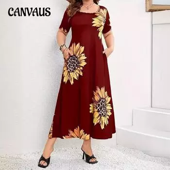 Летнее женское платье с принтом подсолнечника, свободные длинные платья с короткими рукавами и карманами S чёрный