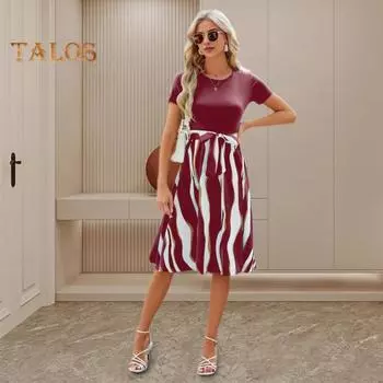 Летнее женское платье с принтом соответствующего цвета с короткими рукавами и круглым вырезом с поясом и узкой талией с бантом и декором трапециевидной формы с большим подолом длиной до колена, женское вечернее платье миди для поездок на работу M чёрный