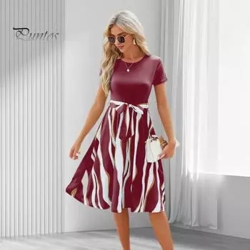 Летнее женское платье с принтом соответствующего цвета с короткими рукавами и круглым вырезом с поясом и узкой талией с бантом и декором трапециевидной формы с большим подолом длиной до колена, женское вечернее платье миди для поездок на работу M чёрный