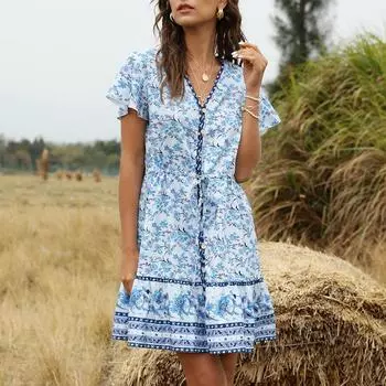 Летнее женское платье с принтом выше колена, мини с v-образным вырезом, однобортное, с короткими рукавами, S-XL S синий