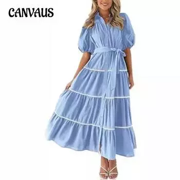 Летнее женское платье с пышными рукавами и кружевными многослойными плиссированными платьями-рубашками с короткими рукавами S белый