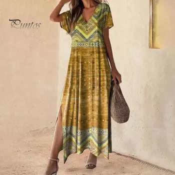 Летнее женское платье с разрезом по бокам в стиле ретро с 3D принтом, свободное платье с V-образным вырезом и короткими рукавами, большие размеры в богемном стиле, длиной до щиколотки, платье макси для отпуска L синий