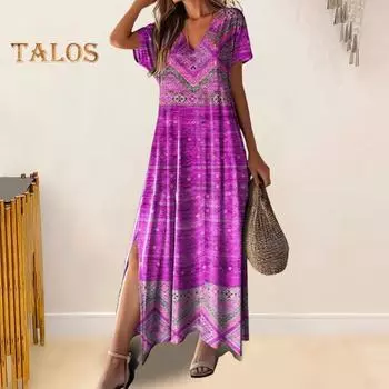 Летнее женское платье с разрезом по бокам в стиле ретро с 3D-принтом Свободное платье с V-образным вырезом и короткими рукавами Плюс Размер в богемном стиле длиной до щиколотки Отпускное платье макси L синий