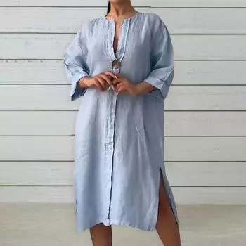 Летнее женское платье с разрезом по бокам, чистый цвет, свободный пуловер на пуговицах с V-образным вырезом и длинными рукавами, повседневная одежда L розы красного