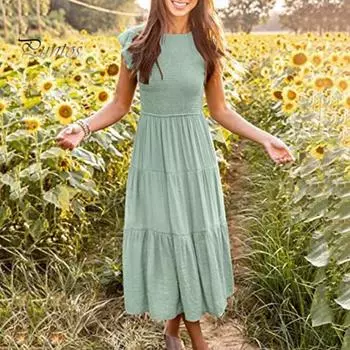 Летнее женское платье с развевающимися рукавами, многослойное лоскутное платье трапециевидной формы с плиссированным эластичным бюстом, сплошное цветное платье длиной до середины икры, пляжное платье миди S оранжевый