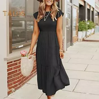 Летнее женское платье с развевающимися рукавами, многослойное лоскутное платье трапециевидной формы с плиссированным эластичным бюстом, сплошное цветное платье длиной до середины икры, пляжное платье миди S оранжевый