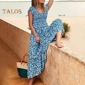 Летнее женское платье с развевающимися рукавами трапециевидной формы со свободным подолом в стиле пэчворк с цветочным принтом и V-образным вырезом, мягкое дышащее платье с открытой спиной до щиколотки, пляжное платье макси для отпуска L синий
