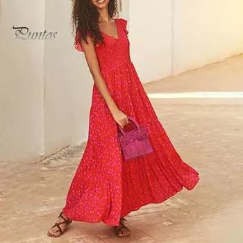 Летнее женское платье с развевающимися рукавами трапециевидной формы со свободным подолом в стиле пэчворк с цветочным принтом и V-образным вырезом, мягкое дышащее платье с открытой спиной до щиколотки, пляжное платье макси для отпуска L синий