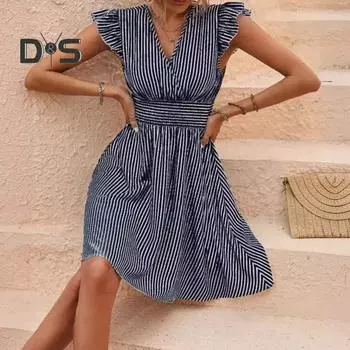 Летнее женское платье с развевающимися рукавами, v-образным вырезом, полосатым принтом, эластичной резинкой с высокой талией, трапециевидной формы с большим подолом и рюшами, мини-платье для свиданий и покупок M синий
