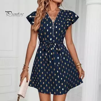 Летнее женское платье с развевающимися рукавами трапециевидной формы на шнуровке узкая талия контрастного цвета с точечным принтом на молнии с V-образным вырезом с большим подолом для поездок на работу длиной выше колена для свиданий миди S бежевый