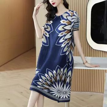 Летнее женское платье с ретро-принтом для матери среднего возраста, прямые женские платья с резьбой One Size синий