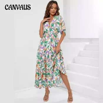 Летнее женское платье с рукавами «летучая мышь» и V-образным вырезом на талии, длинные пляжные праздничные платья S