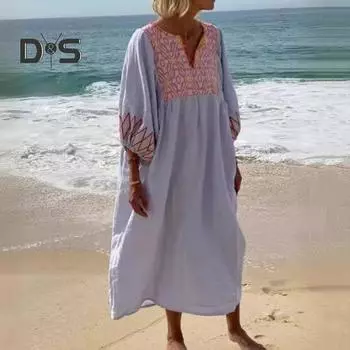 Летнее женское платье с рукавами три четверти в богемном стиле с принтом, свободный пуловер с v-образным вырезом, повседневное платье миди до середины икры M белый