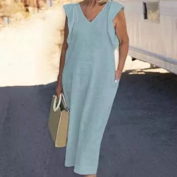 Летнее женское платье с рюшами и летящими рукавами, свободное однотонное платье с V-образным вырезом и боковыми карманами на шнуровке сзади, длиной до середины икры, повседневное пляжное платье миди для отпуска XL розовый