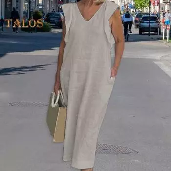 Летнее женское платье с рюшами и летящими рукавами, свободное однотонное платье с V-образным вырезом и боковыми карманами на шнуровке сзади, длиной до середины икры, повседневное пляжное платье миди для отпуска XL розовый