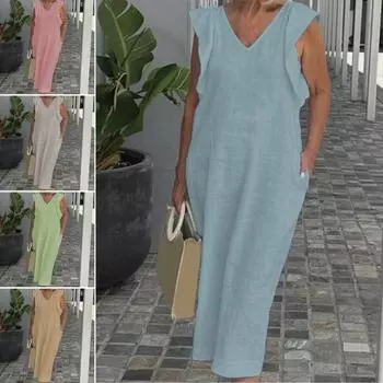 Летнее женское платье с рюшами и летящими рукавами, свободное однотонное платье с V-образным вырезом и боковыми карманами на шнуровке сзади, длиной до середины икры, повседневное пляжное платье миди для отпуска XL розовый