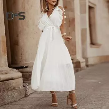 Летнее женское платье с рюшами и летящими рукавами, плиссированное платье с V-образным вырезом, однотонное, трапециевидное, с большим подолом, на шнуровке, с тонкой талией, для свиданий, шопинга, макси-платье S зелёный