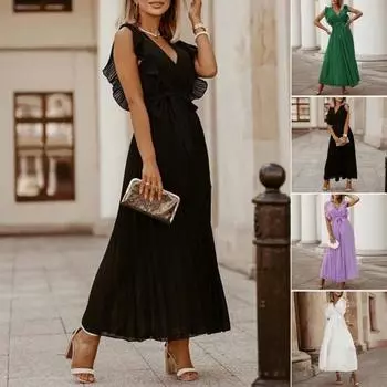 Летнее женское платье с рюшами и летящими рукавами, плиссированное платье с v-образным вырезом, однотонное трапециевидное платье трапециевидной формы с большим подолом и шнуровкой на талии для свиданий, покупок, макси-платье S зелёный