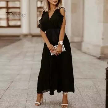 Летнее женское платье с рюшами и летящими рукавами, плиссированное платье с V-образным вырезом, однотонное, трапециевидное, с большим подолом, на шнуровке, с тонкой талией, для свиданий, шопинга, макси-платье S зелёный