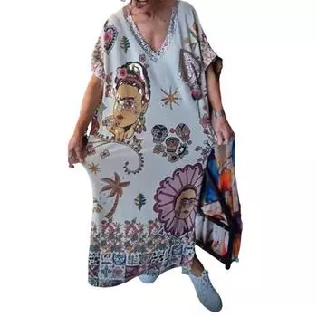 Летнее женское платье с V-образным вырезом и короткими рукавами, свободное, ретро, с этническим принтом, пуловер длиной до щиколотки, повседневное XL белый