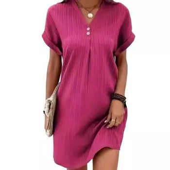 Летнее женское платье с V-образным вырезом и пуговицами с короткими рукавами Свободный однотонный пуловер Повседневная повседневная одежда Мини-платье S розы красного