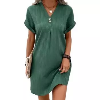 Летнее женское платье с V-образным вырезом и пуговицами с короткими рукавами Свободный однотонный пуловер Повседневная повседневная одежда Мини-платье 3XL зелёный