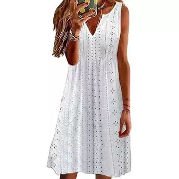 Летнее женское платье с V-образным вырезом без рукавов Тип жилета Сплошной цвет Свободный трапециевидной формы с большим подолом Повседневная Мягкая дышащая длина до колена Пляжная повседневная поездка на работу XL