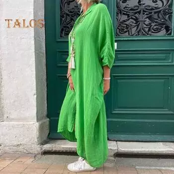 Летнее женское платье с V-образным вырезом и раздельным подолом, рукава три четверти, свободное платье больших размеров, однотонное, мягкое, дышащее, длиной до середины икры, повседневное повседневное платье миди S зелёный