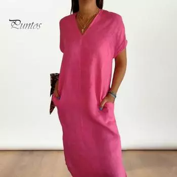 Летнее женское платье с V-образным вырезом и короткими рукавами, боковые карманы с разрезом по краю, свободная шнуровка сзади, сплошной цвет, длина до середины икры, повседневное мягкое дышащее женское платье-миди 3XL красный