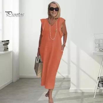 Летнее женское платье с V-образным вырезом, свободное однотонное платье с летающими рукавами, богемные боковые карманы, до середины икры, мягкое дышащее платье миди для пляжного отдыха XL чёрный