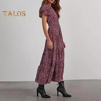 Летнее женское платье с V-образным вырезом и короткими рукавами-пузырьками с маленьким цветочным принтом трапециевидной формы с большой распашной талией и длиной до середины икры для поездок на работу, свиданий, отдыха, пляжа, миди-платья S фиолетовый