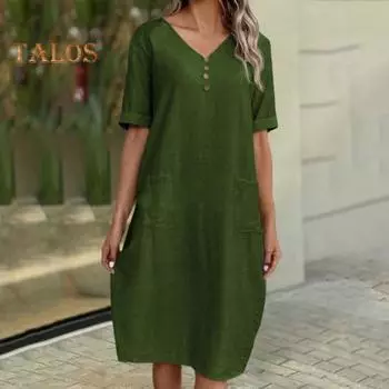 Летнее женское платье с V-образным вырезом и короткими рукавами с V-образным вырезом и пуговицами, однотонное свободное платье больших размеров с боковыми карманами, женское платье длиной до колена, повседневное повседневное платье миди XL розовый